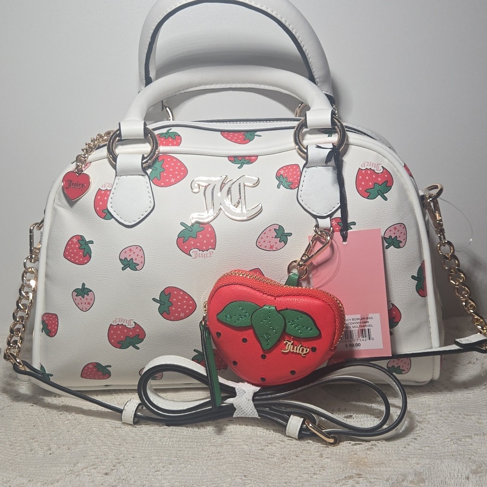 NWT 🍓 Juicy Couture White Handbag w/ Pink & Red Strawberry Print & Bag Charm🍓